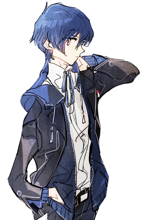 blue_hair hand_in_pocket hood hoodie jacket male_focus persona persona_3 profile school_uniform solo sutei_(giru) yuuki_makoto