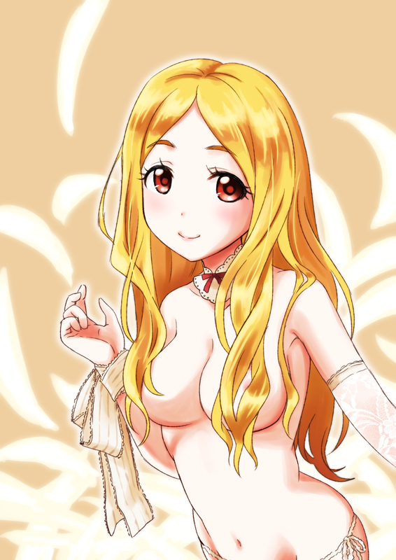 areolae bad_id bad_pixiv_id blonde_hair blush breasts hair_censor hair_over_breasts idolmaster idolmaster_cinderella_girls long_hair looking_at_viewer medium_breasts mochizuki_hijiri navel panties red_eyes side-tie_panties smile solo souen_hiro topless underwear underwear_only white_panties