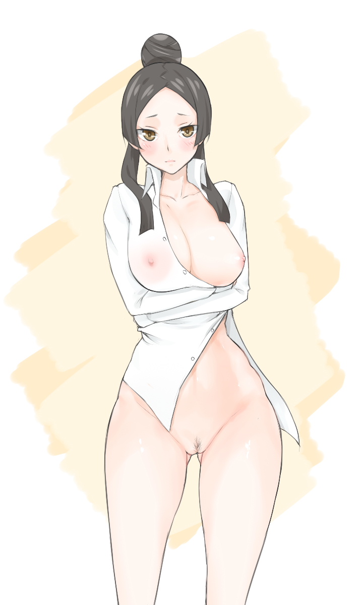 black_hair breast_slip breasts brown_eyes hair_bun highres jacquiline_o_lantern_dupre large_breasts libre long_hair looking_at_viewer nipples one_breast_out open_clothes open_shirt pubic_hair see-through shirt solo soul_eater