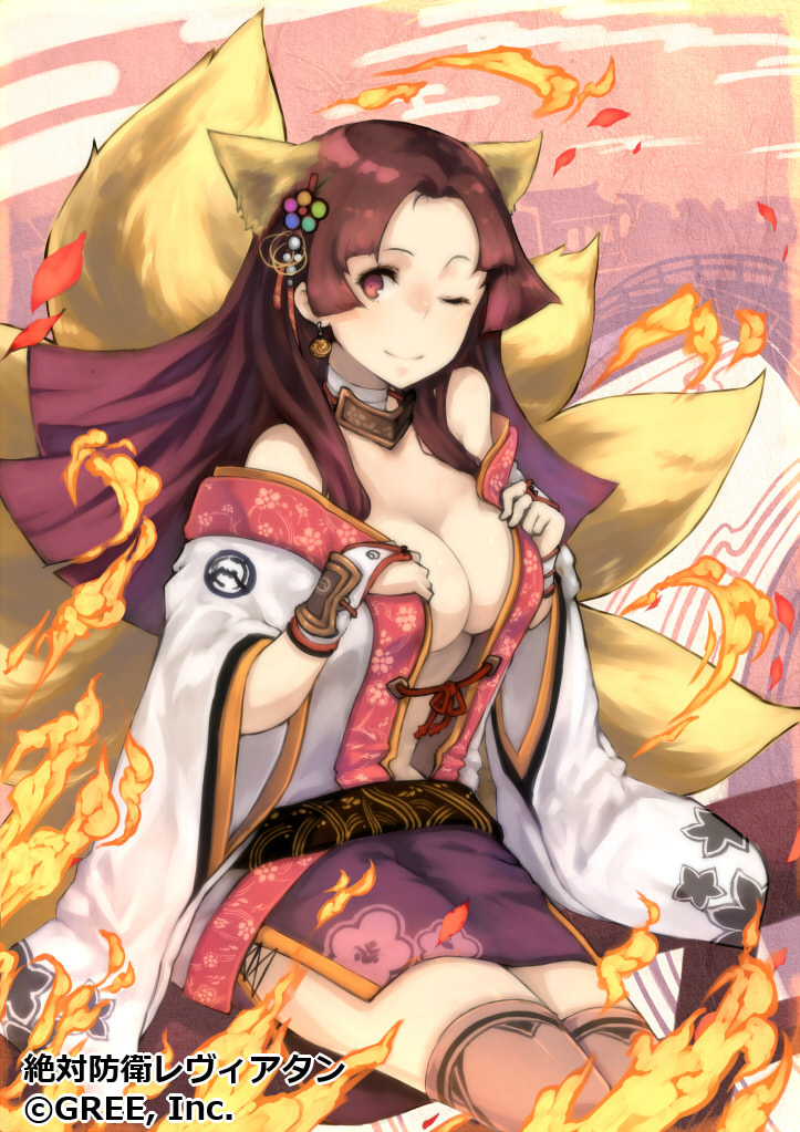 animal_ears breasts brown_eyes brown_hair cleavage fire fox_ears fox_tail hair_ornament keypot kitsune kyuubi large_breasts long_hair looking_at_viewer multiple_tails official_art one_eye_closed smile solo tail thighhighs watermark youkai zettai_bouei_leviathan