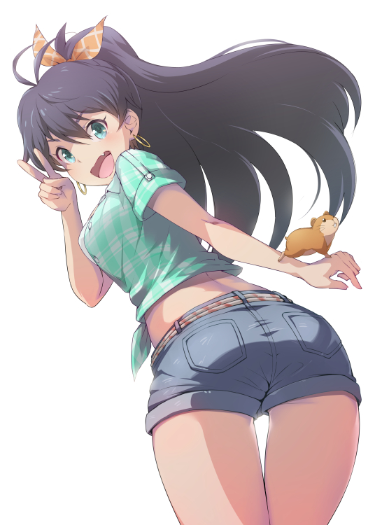 ass black_hair blue_eyes bow denim denim_shorts don_michael earrings fang front-tie_top ganaha_hibiki hair_bow hamster hamuzou idolmaster idolmaster_(classic) jewelry long_hair looking_back midriff ponytail shirt short_shorts shorts smile solo string_belt thigh_gap tied_shirt v