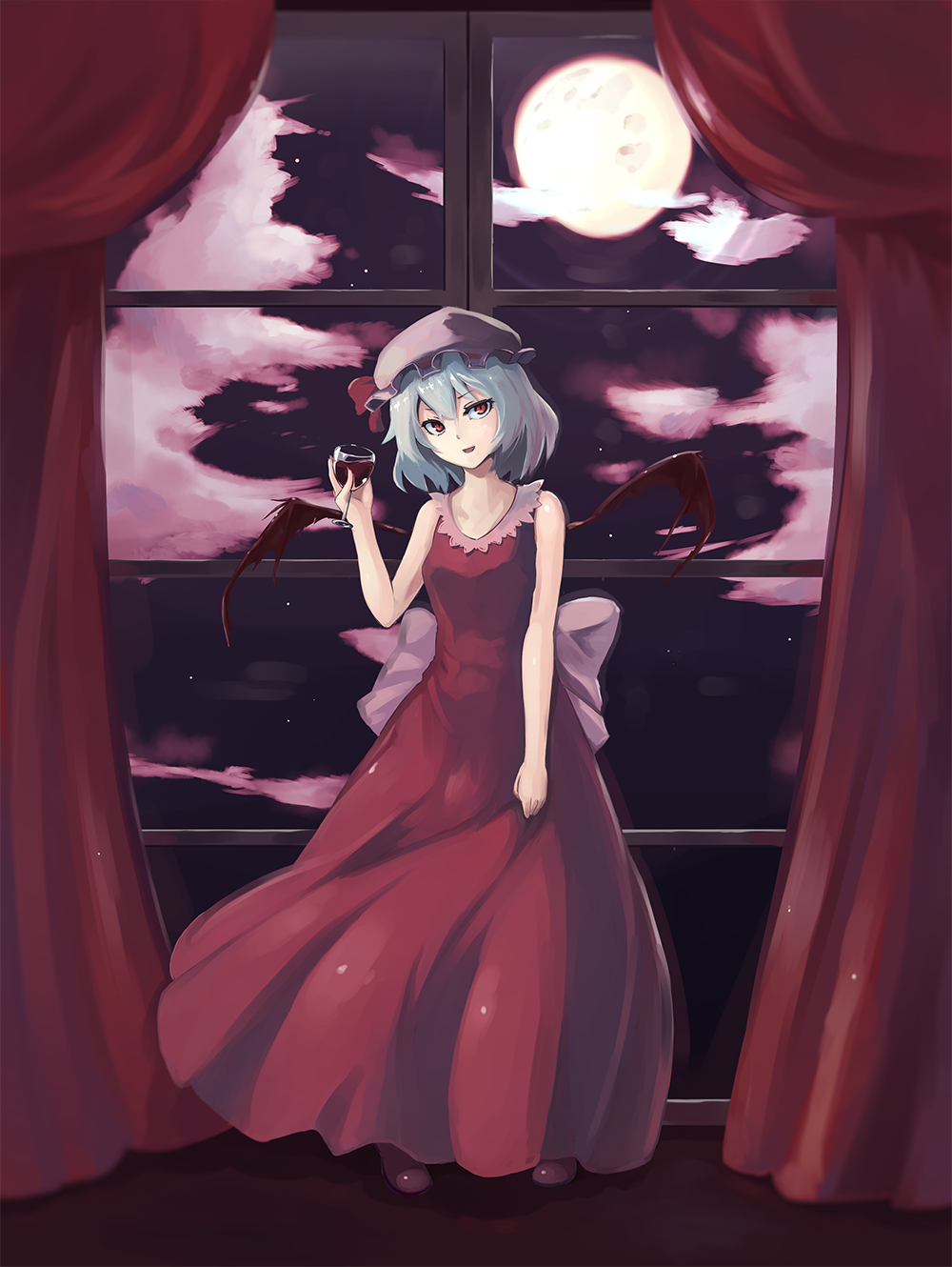 alcohol alternate_costume bare_shoulders cloud cup curtains dress drinking_glass floor full_moon hat highres lavender_hair long_dress looking_at_viewer mob_cap moon night night_sky rean_(r_ean) red_dress red_eyes remilia_scarlet short_hair sky smile solo touhou window wine wine_glass wings