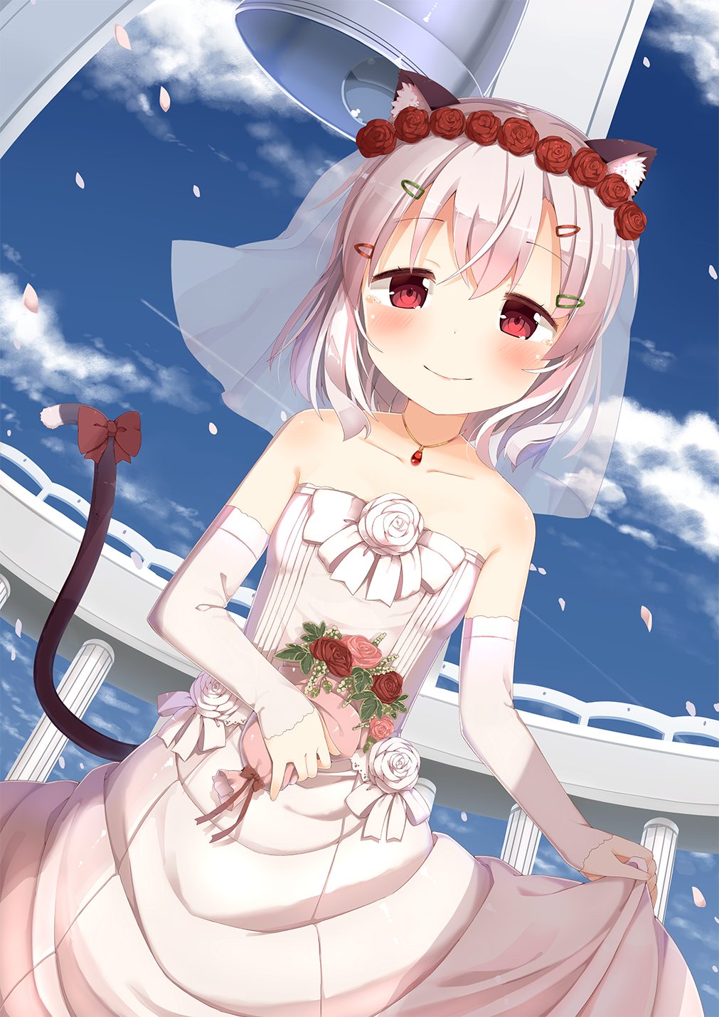 :d animal_ears bell blue_sky blush bouquet bow bridal_veil cat_ears cat_tail cherry_blossoms cloud column day detached_sleeves dress dutch_angle flat_chest flower hair_flower hair_ornament hairclip highres jewelry muku_(muku-coffee) necklace open_mouth original petals pillar red_eyes revision shiro_(muku) sky smile solo tail tail_bow tears veil wedding_dress white_dress white_hair