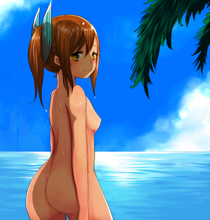 ass beach blush breasts brown_hair day han_(jackpot) i-401_(kantai_collection) kantai_collection looking_at_viewer nude ocean ponytail short_hair small_breasts smile solo yellow_eyes