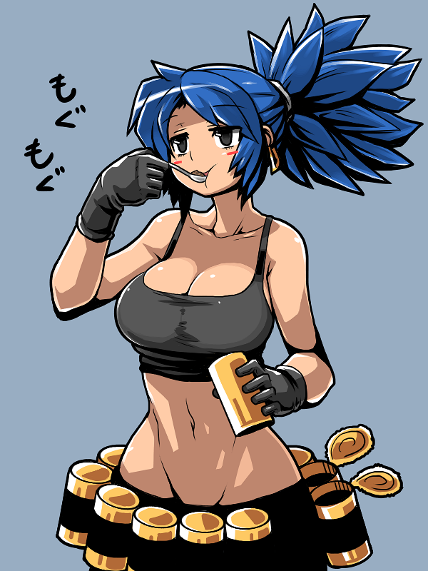 blue_hair blush_stickers breasts can canned_food cleavage crop_top eating food gloves grey_eyes groin kara_age large_breasts leona_heidern long_hair midriff navel ponytail solo spoon tank_top the_king_of_fighters tin_can