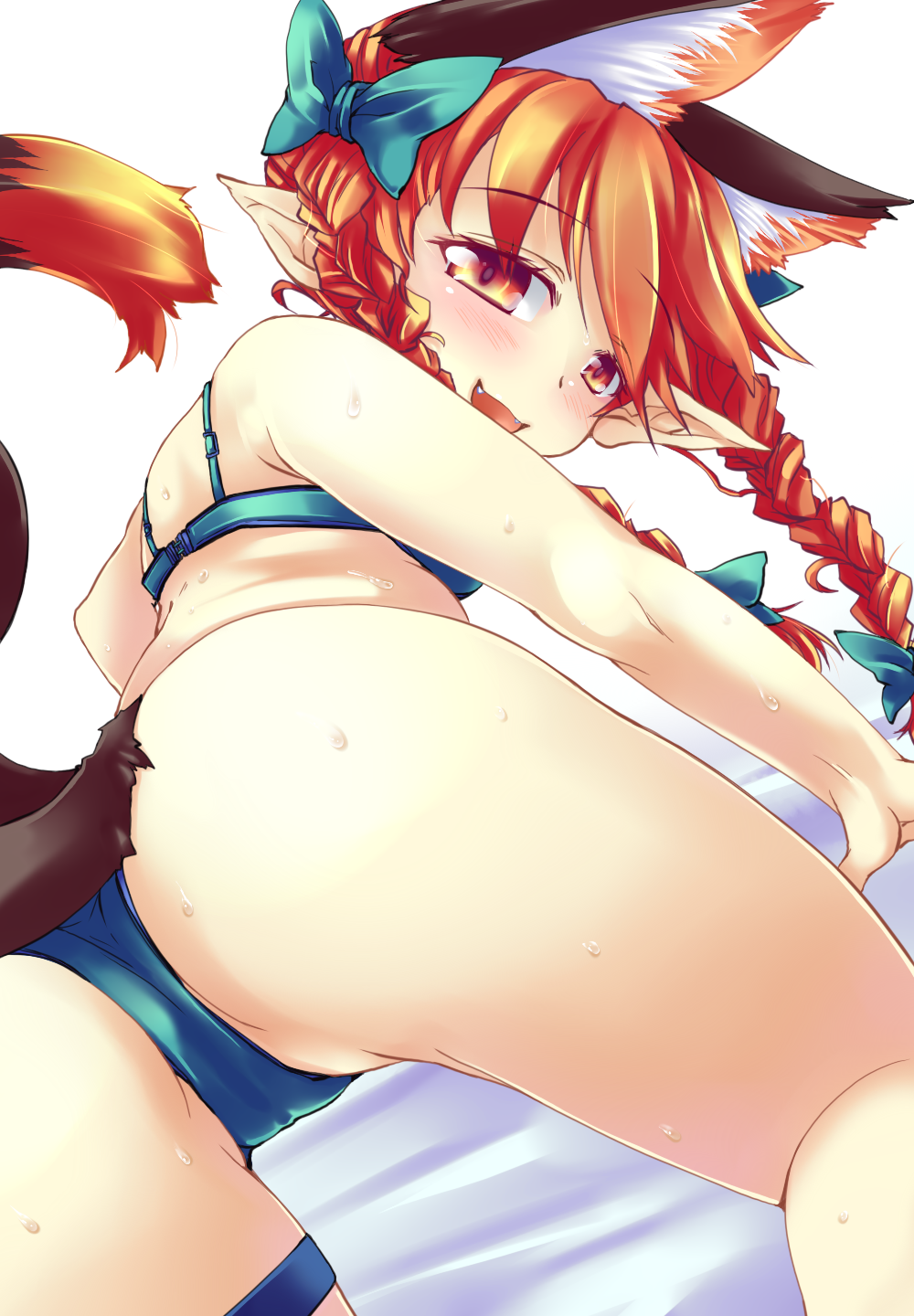 animal_ears arm_support ass bad_id bad_pixiv_id blush bra braid cat_ears cat_tail extra_ears highres kaenbyou_rin konata_gazel looking_back panties pointy_ears red_eyes red_hair short_hair smile solo sweat tail touhou twin_braids underwear underwear_only