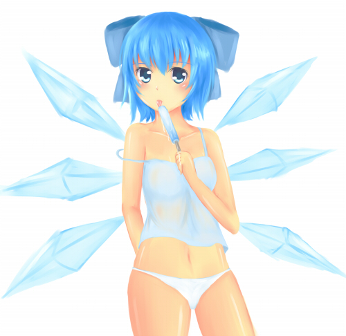 1girl 460497467 blue_eyes blue_hair breasts casual cirno fairy fairy_wings female food hair_ornament licking navel off_shoulder panties popsicle ribbon short_hair simple_background small_breasts solo standing touhou underwear white_background white_panties wings