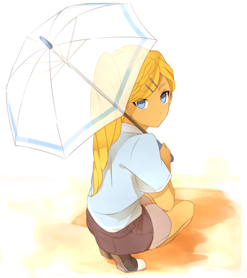 alternate_hairstyle blank_eyes blonde_hair blue_eyes braid from_behind hair_ornament hairclip inazuma_eleven_(series) inazuma_eleven_go inazuma_eleven_go_chrono_stone long_hair looking_at_viewer looking_back no_pupils reiza sekina solo squatting transparent transparent_umbrella umbrella white_background