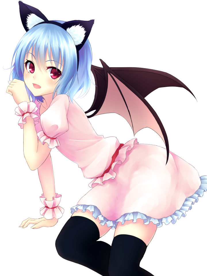 animal_ears bat_wings black_legwear blue_hair cat_ears fake_animal_ears fang junior27016 no_hat no_headwear open_mouth red_eyes remilia_scarlet short_hair simple_background skirt solo thighhighs touhou white_background wings wrist_cuffs