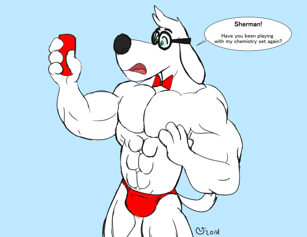 2014 abs anthro biceps big_muscles black_nose blue_background bow_tie bulge canine dialog dog drink english_text eyewear fur glasses green_eyes hair holding huskie_love male mammal mr._peabody mr._peabody_and_sherman muscles open_mouth pecs plain_background solo speedo standing swimsuit text tongue topless white_body white_fur white_hair