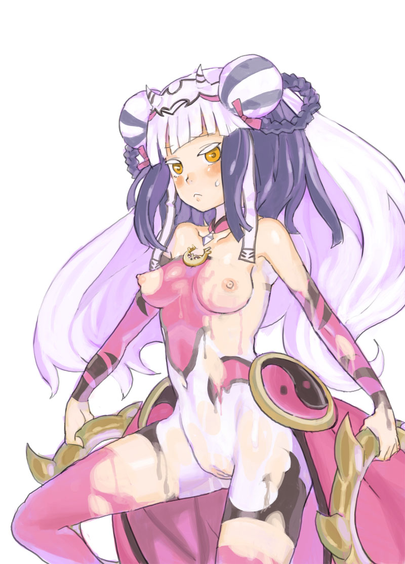 :&lt; blush bodypaint breasts collarbone colored_eyelashes detached_sleeves double_bun dress embarrassed haku_(p&amp;d) henry_bird_9 jewelry long_hair medium_breasts multicolored_hair naked_paint navel necklace nipples orange_eyes painted_clothes purple_hair pussy puzzle_&amp;_dragons simple_background solo sweatdrop thighhighs two-tone_hair very_long_hair white_background white_hair yin_yang