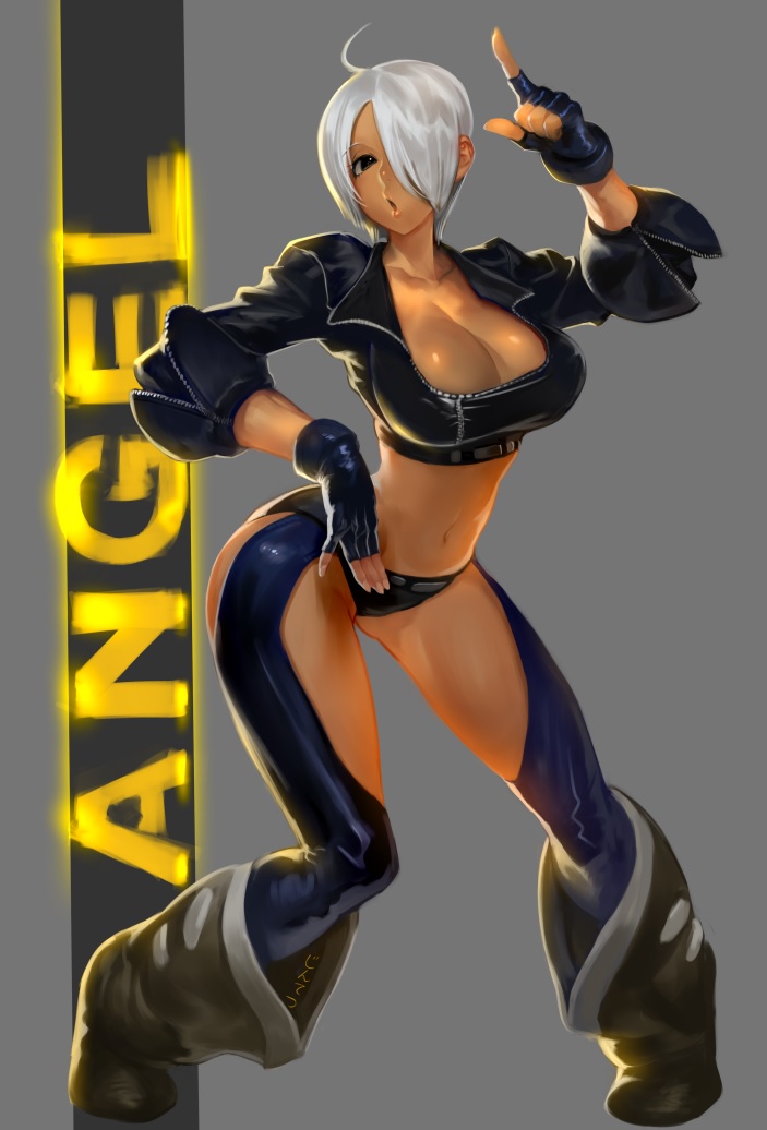 1girl abs ahoge angel_(kof) armpits bare_shoulders belt black_panties blue_eyes bra breasts chaps character_name cleavage collarbone cropped_jacket crossover female fingerless_gloves gloves grin hair_over_one_eye hand_on_hips huge_breasts jacket jintetsu king_of_fighters large_breasts legs lips midriff muscle navel negresco open_clothes open_jacket open_shirt overflow panties panty_pull shirt short_hair silver_hair simple_background smile snk solo standing toned underwear white_hair wide_hips