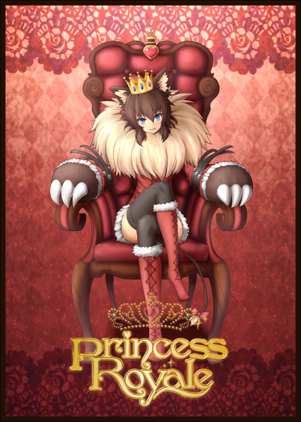 animal_ears beauty_and_the_beast black_legwear blue_eyes boots bow brown_hair claws cross-laced_footwear crossed_legs crown fur_trim knee_boots lace-up_boots mane monster_girl original princess_royale sitting smile solo tail tail_bow thighhighs tyanbaku