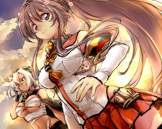 anchor breasts brown_eyes brown_hair detached_sleeves dutch_angle glasses gloves kantai_collection large_breasts long_hair miniskirt multiple_girls musashi_(kantai_collection) navel ponytail red_eyes short_hair skirt tobi_(one) very_long_hair white_hair yamato_(kantai_collection) z_flag