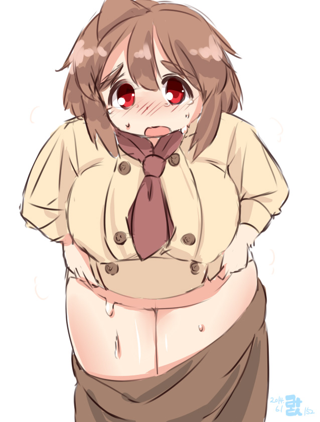ascot bad_id bad_pixiv_id banned_artist blush breasts brown_hair chef_uniform eno_konoe large_breasts mikomu open_mouth original plump red_eyes simple_background skirt skirt_pull solo standing sweat