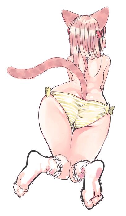 alternate_costume amezawa_koma animal_ears ass back bad_id bad_twitter_id bent_over butt_crack cat_ears cat_tail character_request frills from_behind hair_ribbon kneehighs leg_garter panties pink_hair ribbon simple_background soles solo tail underwear white_background white_legwear