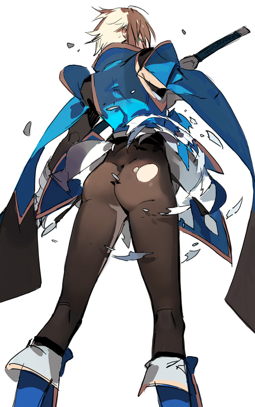 ass blazblue blonde_hair blue_eyes dissolving_clothes from_behind jin_kisaragi looking_back male_focus solo starshadowmagician sword tight weapon white_background yukianesa