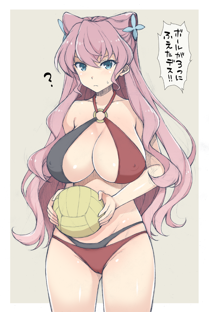 1girl ? ball bangs bare_arms bare_shoulders bikini blue_eyes blush breasts cameltoe cleavage collar cowboy_shot erect_nipples grey_background hair_ornament holding holding_ball large_breasts long_hair looking_at_viewer maria_cadenzavna_eve multi-strapped_bikini o-ring o-ring_bikini o-ring_top pink_hair senki_zesshou_symphogear simple_background solo speech_bubble sweat swimsuit translation_request two-handed two-tone_bikini very_long_hair volleyball yatsune_rika