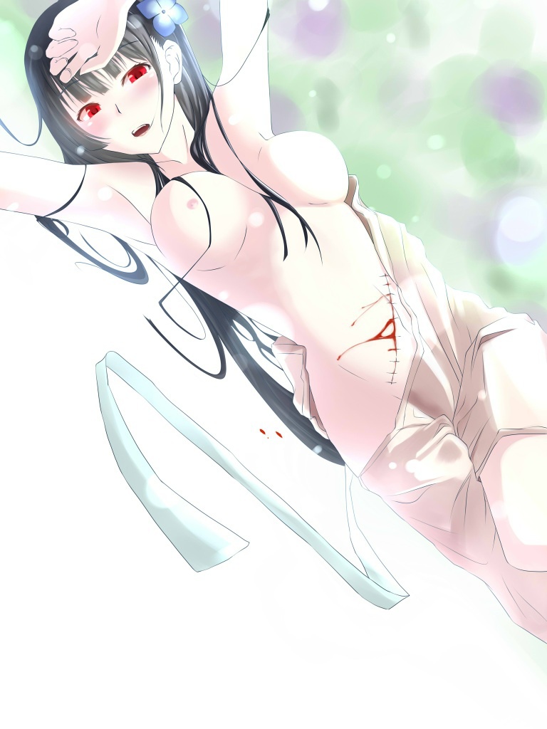 armpits arms_up bad_id bad_pixiv_id black_hair blood blush breasts cuts dutch_angle flower hair_flower hair_ornament injury long_hair looking_at_viewer lying medium_breasts nude open_mouth red_eyes sanka_rea sankarea sexysinsi2 solo stitches