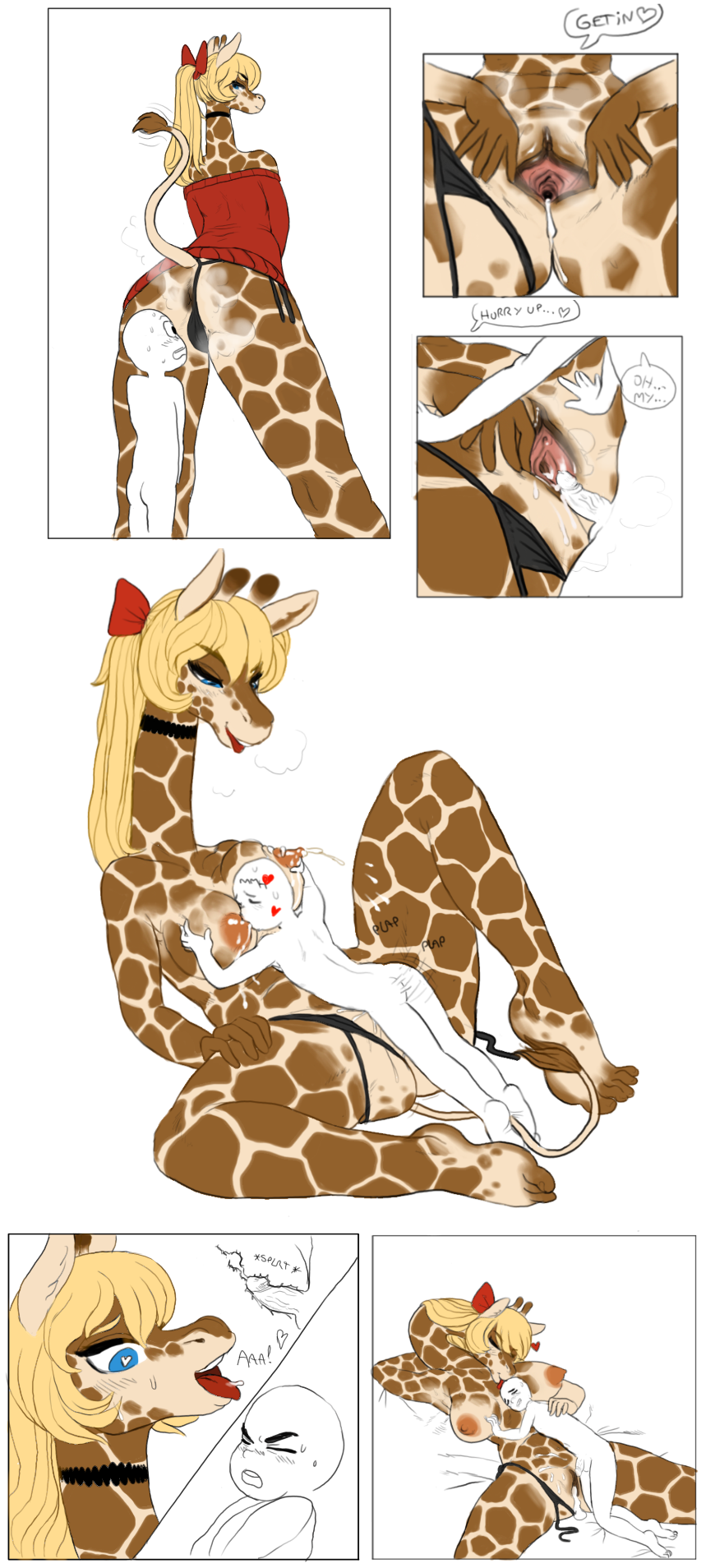 &lt;3 2019 after_sex ahegao anthro anus blonde_hair blue_eyes blush breast_suck breasts brown_fur brown_pussy butt clothing comic cum cum_drip cum_in_pussy cum_inside dialogue digital_media_(artwork) dripping duo english_text erection eyes_closed female female_focus fur giraffe giraffid hair humanoid imminent_sex internal lactating larger_female licking_head long_hair looking_back looking_pleasured lying male male/female mammal nipples nude on_back panties panties_aside penis ponytail presenting presenting_hindquarters presenting_pussy pussy pussy_juice rear_view sex simple_background size_difference smile spots spotted_fur spread_legs spread_pussy spreading standing sucking sweater tan_fur text underwear underwear_aside undressing voilavoilou white_background