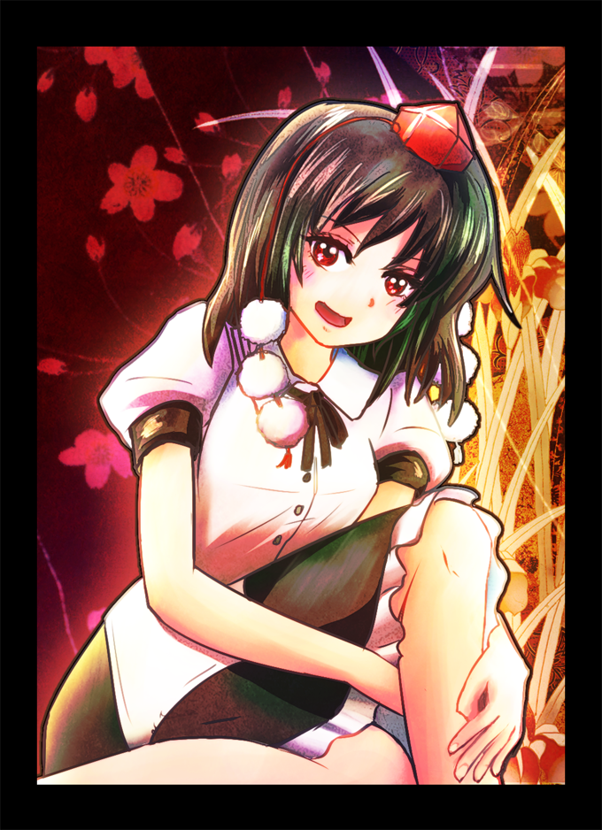 black_border black_hair blouse border cherry_blossoms gradient gradient_background grass hand_on_leg hat head_tilt honyacchi knee_up looking_at_viewer open_mouth pom_pom_(clothes) red_eyes shameimaru_aya short_hair short_sleeves skirt smile solo tokin_hat touhou