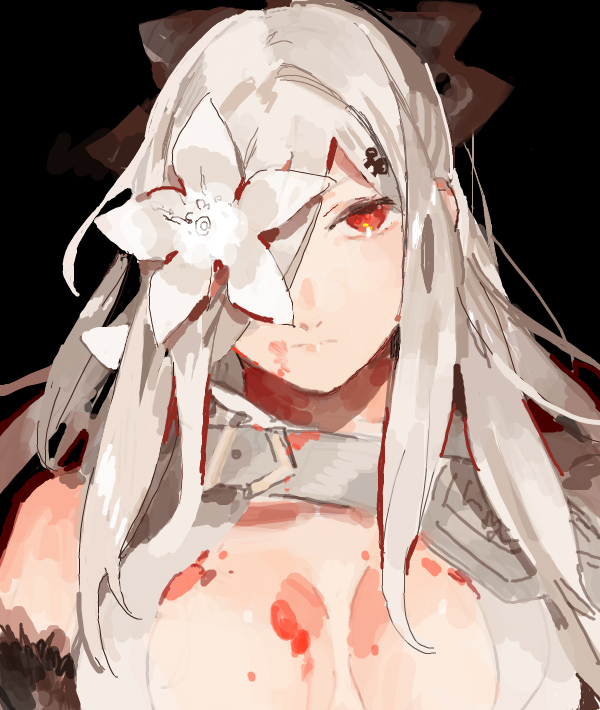 blood breasts cleavage drag-on_dragoon drag-on_dragoon_3 eyepatch flower flower_eyepatch large_breasts red_eyes silver_hair solo starshadowmagician zero_(drag-on_dragoon)