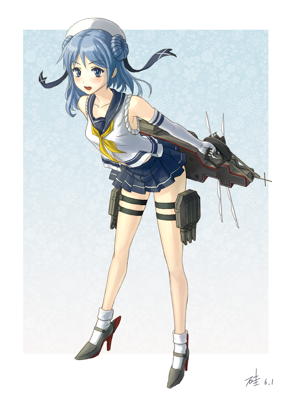 bare_shoulders bent_over beret blue_eyes blue_hair blush border collarbone dated double_bun elbow_gloves eyebrows_visible_through_hair full_body gloves hat hat_ribbon high_heels highres kantai_collection miniskirt open_mouth outside_border pleated_skirt ribbon round_teeth rudder_shoes school_uniform serafuku si_(ruanmumu) skirt sleeves_rolled_up solo teeth thigh_strap urakaze_(kantai_collection) white_border white_footwear white_gloves white_hat yellow_neckwear
