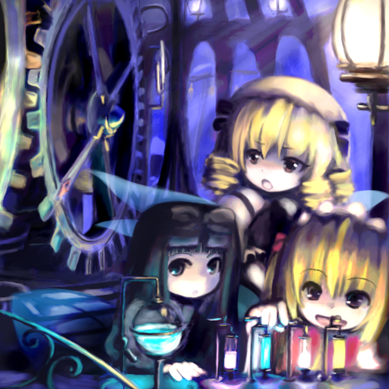 :d bangs beret blonde_hair blunt_bangs drill_hair fairy gears goggles goggles_on_head hat laboratory lantern luna_child multiple_girls open_mouth science short_hair smile star_sapphire sunny_milk test_tube touhou tsubasa_(abchipika) upper_body wings