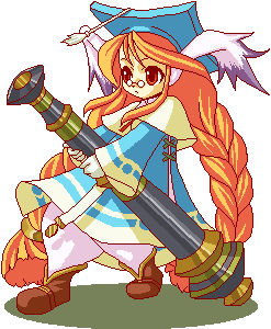 animal_ears bazooka boots breath_of_fire breath_of_fire_iii glasses hat kokutou_eiri long_hair lowres momo_(breath_of_fire) orange_hair pixel_art red_eyes robe solo twintails very_long_hair weapon