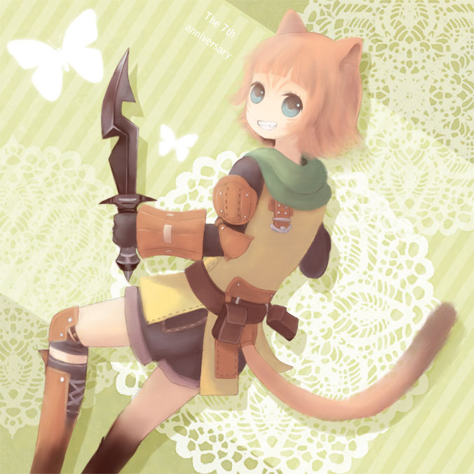 animal_ears bad_id bad_pixiv_id blue_eyes boots final_fantasy final_fantasy_xi grin knife mithra ranger short_hair shorts smile solo suzushiro_haru tail