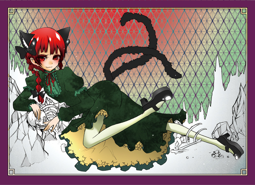 animal_ears bad_id bad_pixiv_id braid cat_ears cat_tail hair_ribbon hoshi_nawoki kaenbyou_rin multiple_tails red_eyes red_hair ribbon short_hair skull solo tail touhou twin_braids twintails