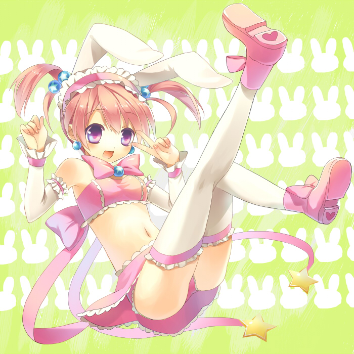 animal_ears bunny_ears copyright_request detached_sleeves garters hair_bobbles hair_ornament hairband hamamo shoes short_twintails solo thighhighs twintails v