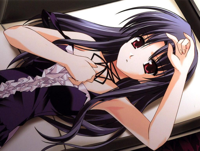 artist_request black_hair couch dress game_cg gothic h2o_footprints_in_the_sand kohinata_hayami long_hair lying red_eyes solo