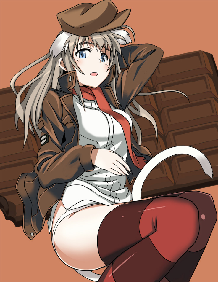 animal_ears bad_id bad_pixiv_id blue_eyes breasts chocolate chocolate_bar jacket large_breasts leather leather_jacket long_hair ningen_(ningen96) panties red_legwear solo striped striped_legwear tail thighhighs underwear wilma_bishop world_witches_series