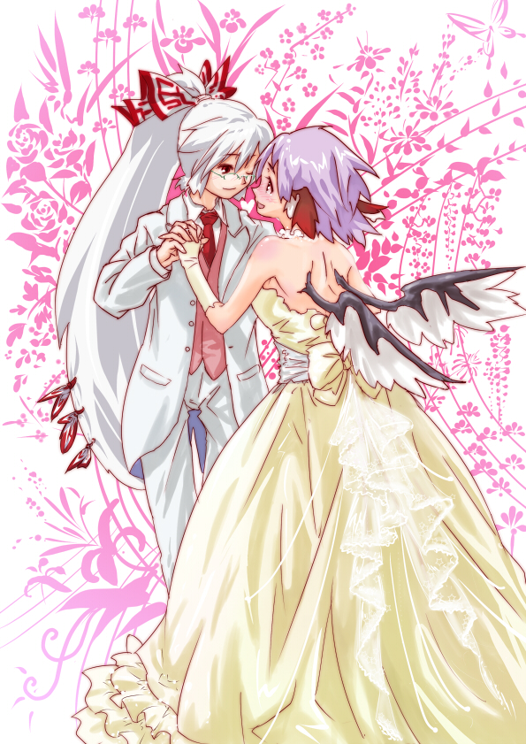 alternate_costume animal_ears bespectacled bow bride dress formal fujiwara_no_mokou glasses hair_bow holding_hands multiple_girls mystia_lorelei one_eye_closed pant_suit ponytail purple_hair sakana_(ryuusui-tei) silver_hair smile suit touhou wedding wedding_dress wings