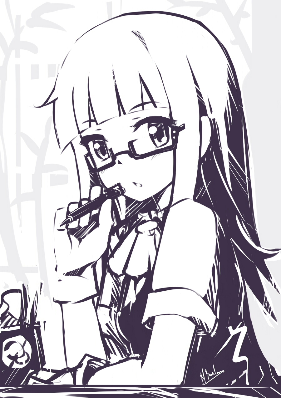 bangs bespectacled blunt_bangs glasses gloves hatsukaze_(kantai_collection) highres kantai_collection long_hair looking_at_viewer mmrailgun monochrome pen school_uniform solo