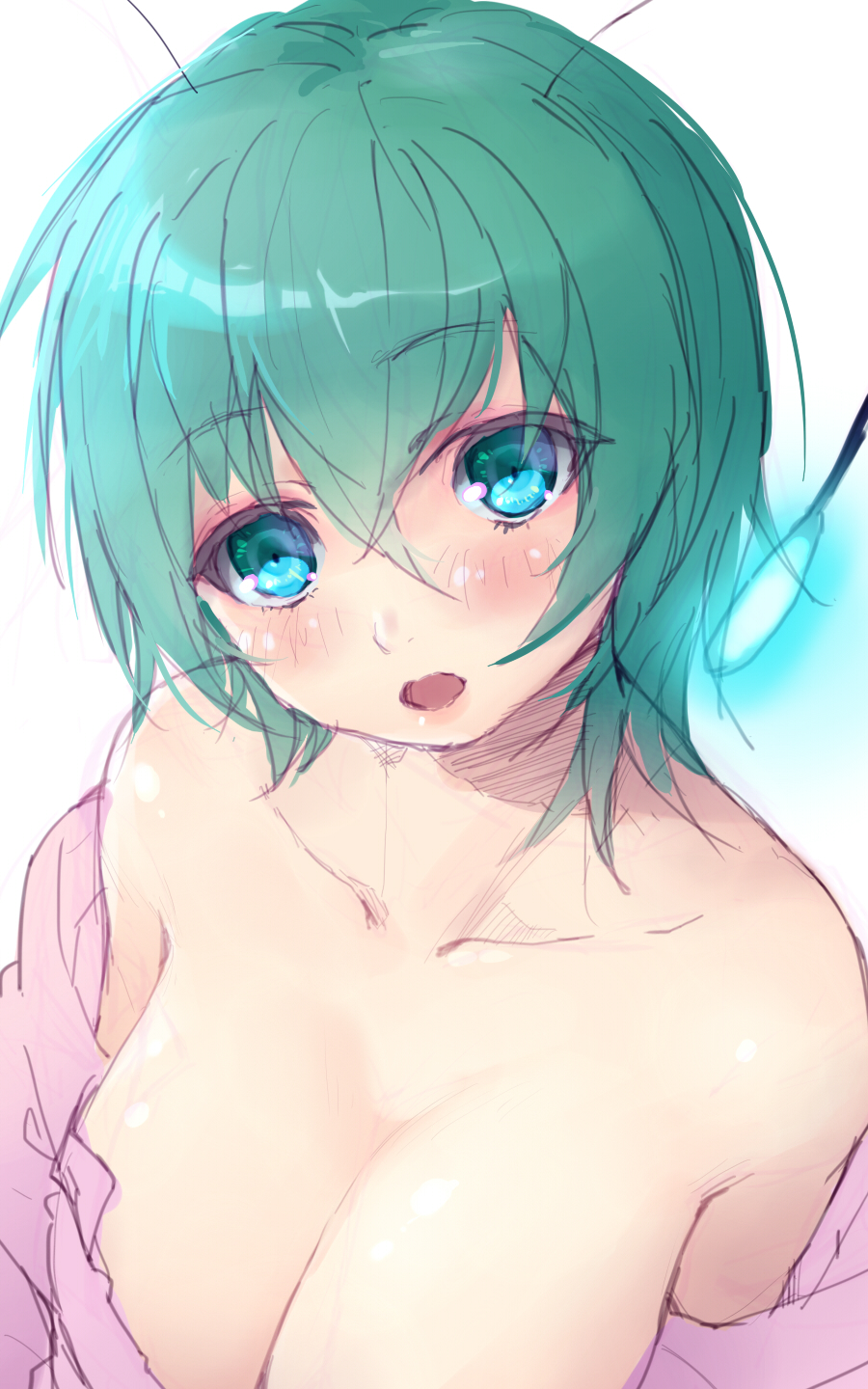 alternate_breast_size antennae armais_(me-chan337) blush breasts cleavage green_eyes green_hair highres large_breasts looking_at_viewer open_mouth short_hair sketch solo touhou upper_body wriggle_nightbug