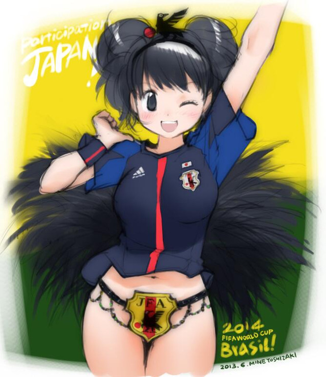 2013 2014 2014_fifa_world_cup adidas artist_name blush brazil breasts character_request dated engrish japan japanese_flag large_breasts one_eye_closed open_mouth ranguage short_hair smile soccer soccer_uniform solo source_request sportswear world_cup yoshizaki_mine