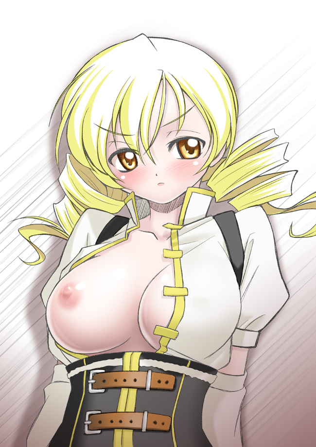 blonde_hair blush breast_slip breasts buckle drill_hair elbow_gloves gloves large_breasts long_hair magical_girl mahou_shoujo_madoka_magica nipples one_breast_out open_clothes orange_eyes puffy_sleeves sakura_ryuuken solo tomoe_mami twin_drills twintails