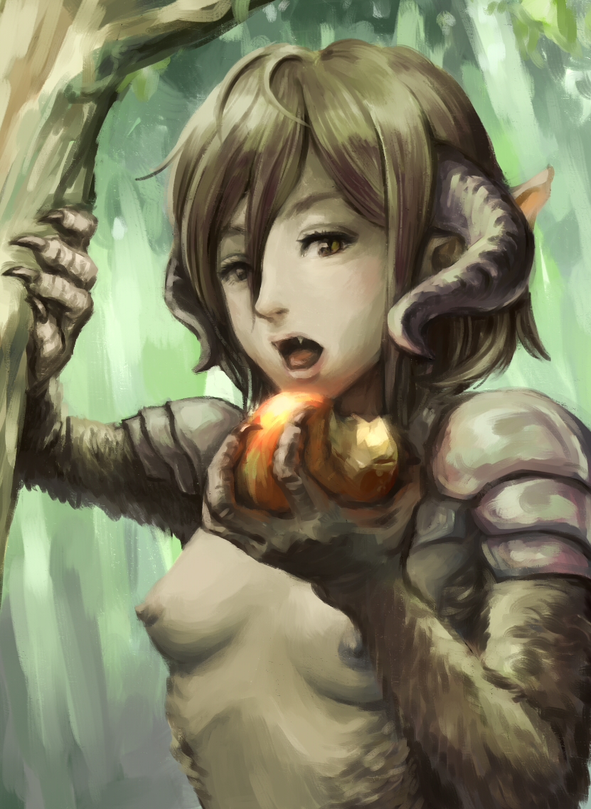 breasts brown_eyes brown_hair claws eating expressionless fangs food fruit horns looking_at_viewer monster_girl nikuo nipples open_mouth original pauldrons pointy_ears realistic satyr small_breasts solo tree upper_body