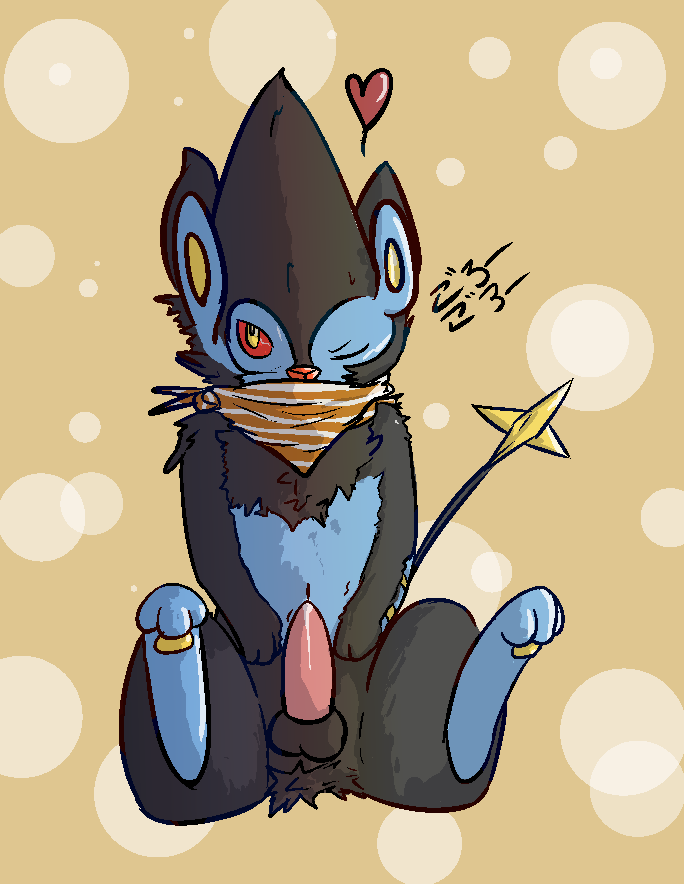 balls cum cum_leaking feathers_(artist) hindpaw luxray male nintendo one_eye_closed paws penis pok&#233;mon pok&eacute;mon scarf sitting solo video_games