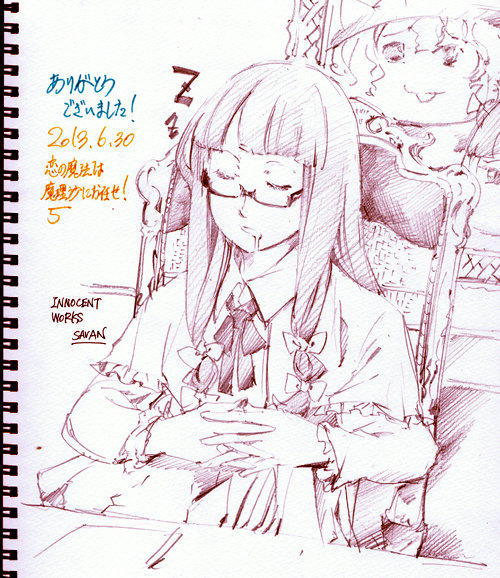 artist_name bespectacled bow chair dated drooling glasses hair_ribbon hands_clasped kirisame_marisa long_hair monochrome multi-tied_hair no_hat no_headwear own_hands_together patchouli_knowledge picture_frame ribbon savan sidelocks sketch sleeping sleeping_upright solo thank_you touhou tress_ribbon yukkuri_shiteitte_ne