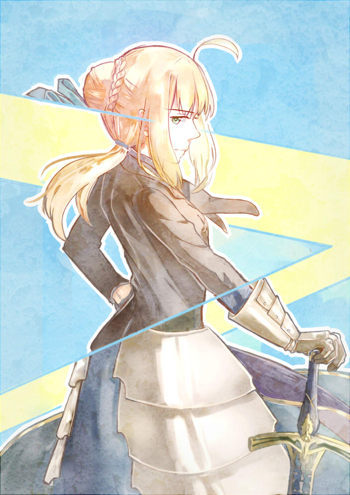 ahoge armor armored_dress artoria_pendragon_(all) blonde_hair braid fate/stay_night fate/zero fate_(series) faulds formal french_braid gauntlets green_eyes hair_bun long_hair parody planted_sword planted_weapon ponytail revealing_cutout saber samurai_flamenco solo suit sword tthal weapon