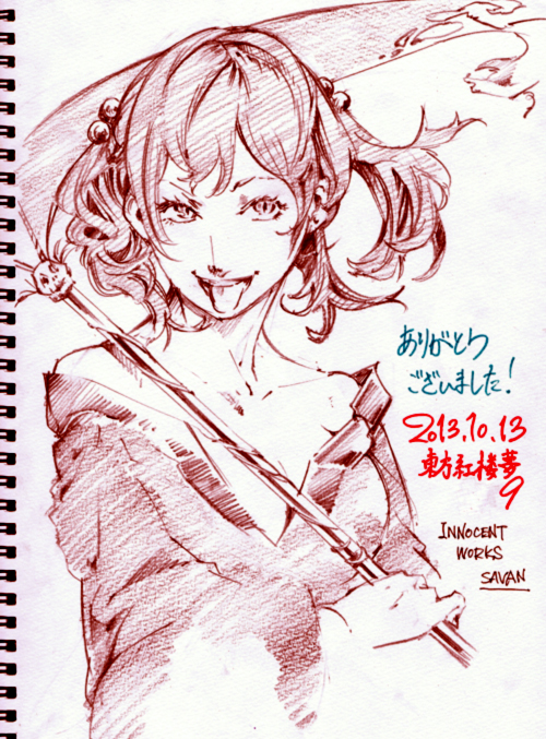 artist_name breasts cleavage dated hair_bobbles hair_ornament large_breasts monochrome onozuka_komachi red_hair savan scythe short_hair sketch smile solo thank_you tongue tongue_out touhou two_side_up