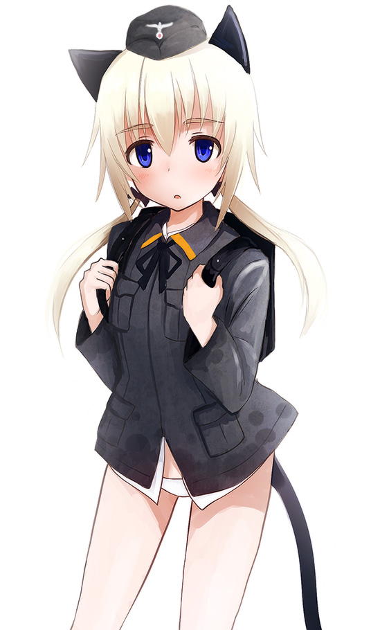 aksman alternate_hairstyle animal_ears backpack bad_id bad_pixiv_id bag blonde_hair blue_eyes cat_ears cat_tail cosplay garrison_cap gertrud_barkhorn gertrud_barkhorn_(cosplay) hat helma_lennartz looking_at_viewer military military_uniform no_pants open_mouth panties solo tail twintails underwear uniform white_panties world_witches_series