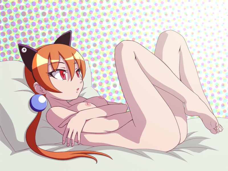 alisa_southerncross animal_ears barefoot breasts cat_ears feet itou_nobuhiro keroro_gunsou legs_up long_hair lying nipples nude on_back orange_hair pillow red_eyes small_breasts solo twintails