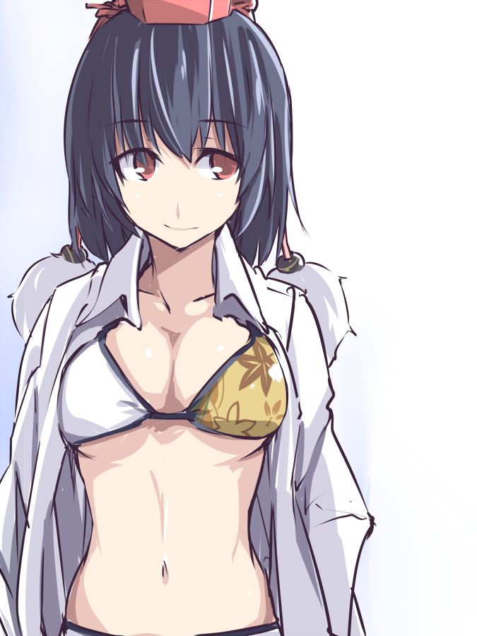 adapted_costume bikini bikini_under_clothes black_hair breasts kamukamu_(ars) leaf-pattern_stripe leaf_print looking_at_viewer looking_to_the_side medium_breasts navel open_clothes open_shirt red_eyes shameimaru_aya shirt short_hair solo swimsuit swimsuit_under_clothes touhou