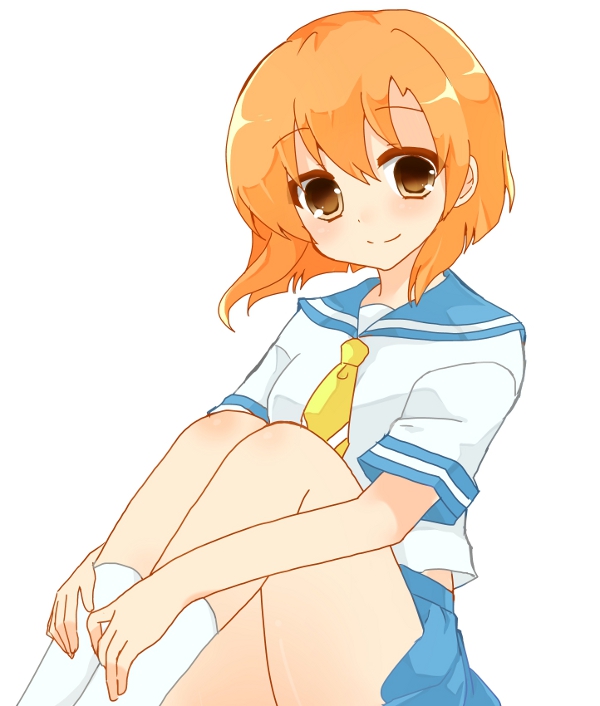 brown_eyes hakua_(elmab) higurashi_no_naku_koro_ni kneehighs orange_hair ryuuguu_rena school_uniform serafuku sitting smile white_legwear