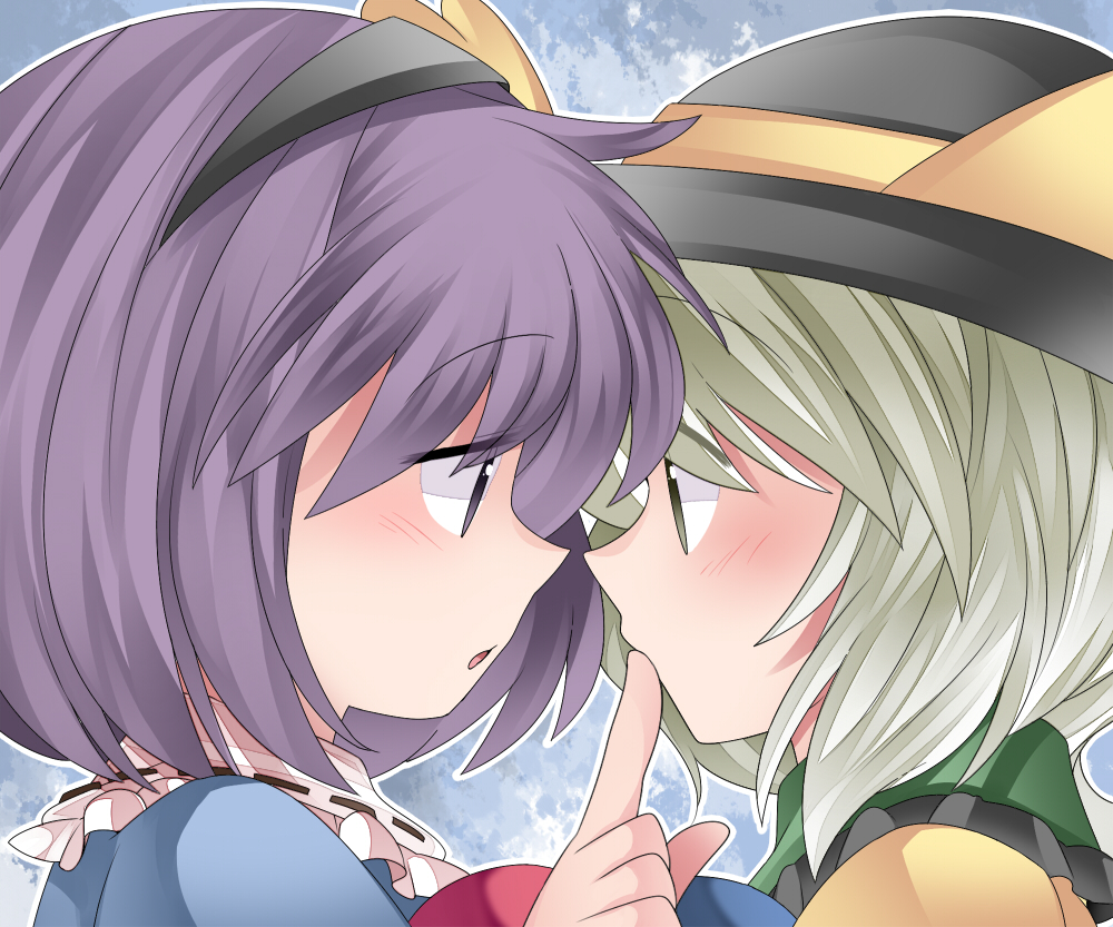 blush commentary_request eye_contact finger_to_another's_mouth green_eyes green_hair hairband hammer_(sunset_beach) hat komeiji_koishi komeiji_satori looking_at_another multiple_girls purple_eyes purple_hair short_hair siblings sisters touhou