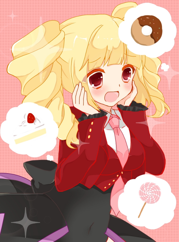 :d beelzebub blonde_hair cake candy doughnut drill_hair food fruit hakua_(elmab) hands_on_own_cheeks hands_on_own_face lollipop necktie open_mouth pink_neckwear red_eyes slice_of_cake smile sparkle stakes_of_purgatory strawberry swirl_lollipop twin_drills twintails umineko_no_naku_koro_ni